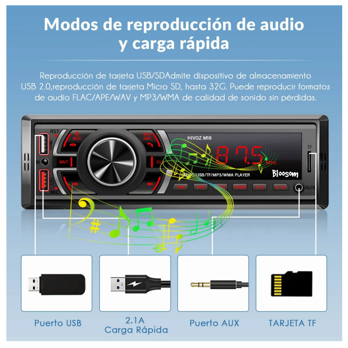 Auto Estéreo Coche Reproductor Mp3 Radio Con Bt Aux Usb Sd, Negro