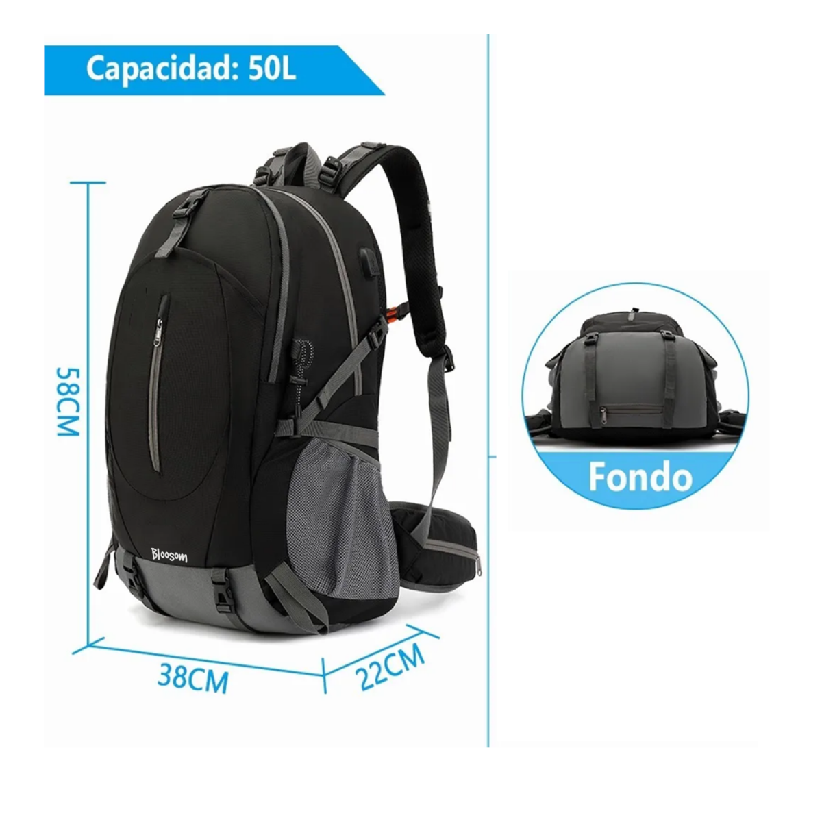 Mochila Impermeable 50l Para Senderismo Montañismo, Negro