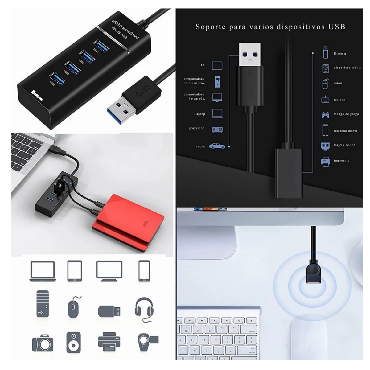 Hub Usb 3.0 4 Puertos Expansor Multi Para Laptop Pc 4 En 1, Negro