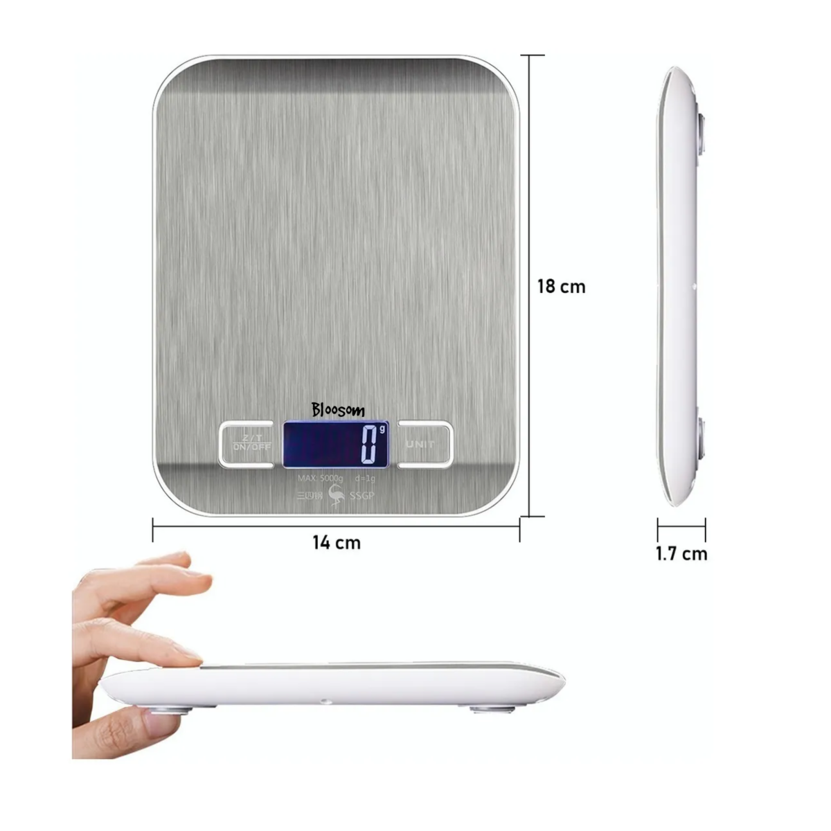 Bascula Digital Para Cocina Acero Inoxidable 5 Kg/1g Lcd, Gris
