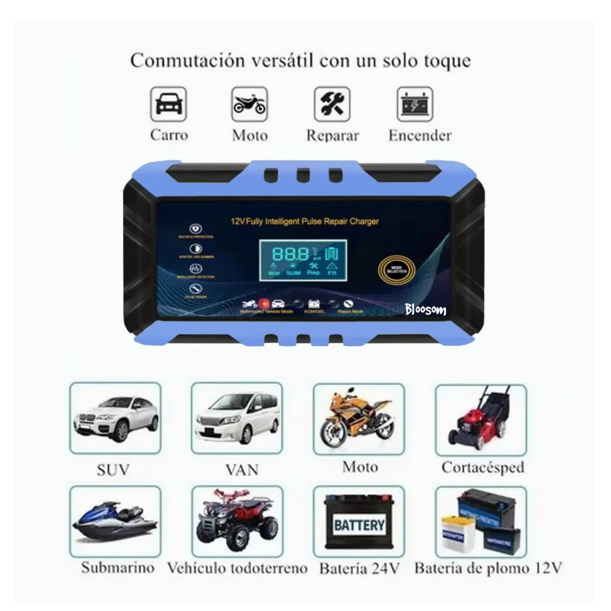 Cargador Inteligente De 12v 6a Para Batería De Auto Moto, Negro c/Azul