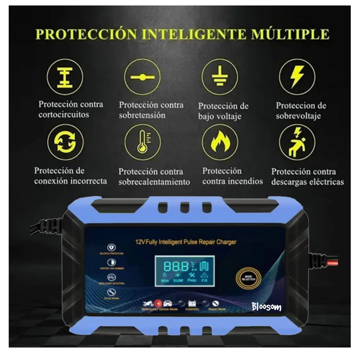 Cargador Inteligente De 12v 6a Para Batería De Auto Moto, Negro c/Azul