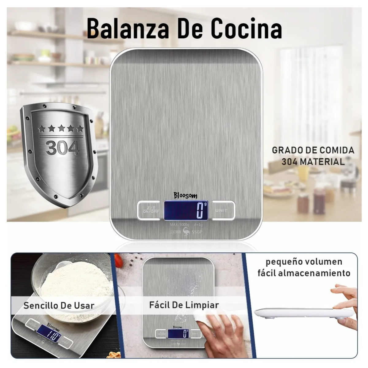 Bascula Digital Para Cocina Acero Inoxidable 5 Kg/1g Lcd, Gris