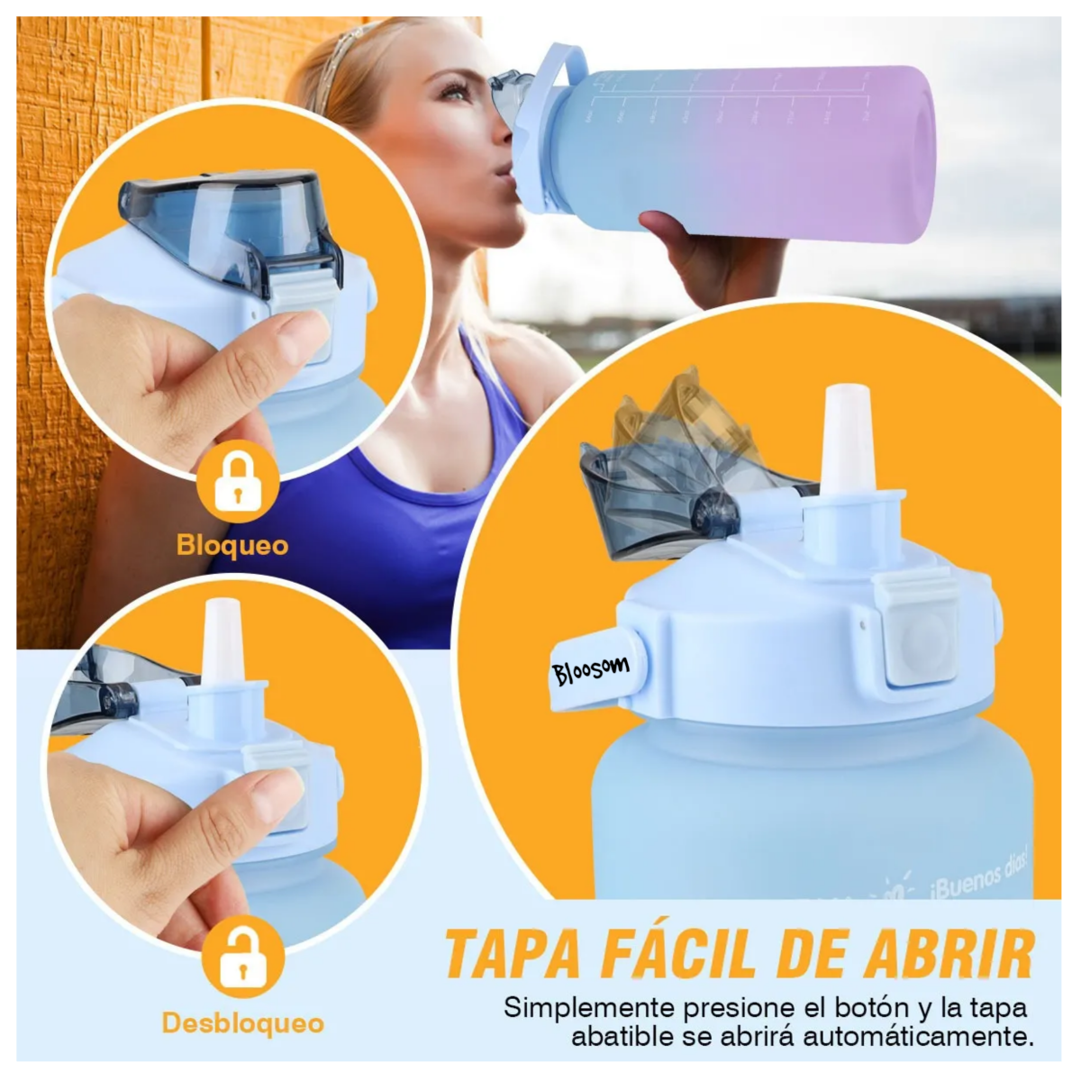 Botella De Agua Deportiva Anti Fugas Capacidad 2 L Azul c/Violeta