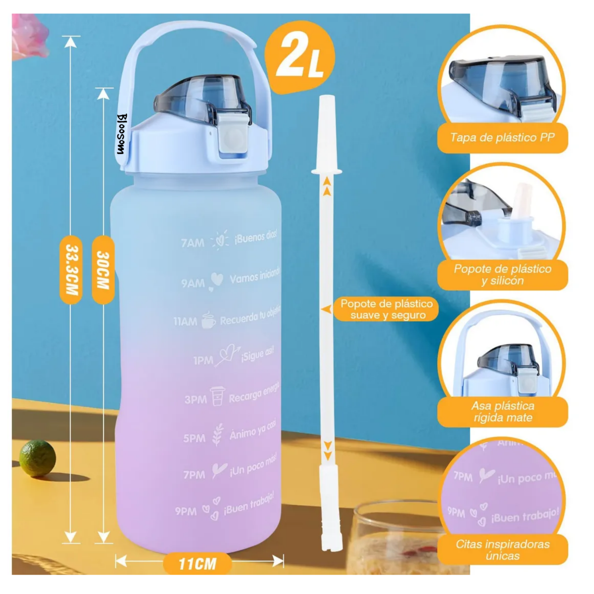 Botella De Agua Deportiva Anti Fugas Capacidad 2 L Azul c/Violeta