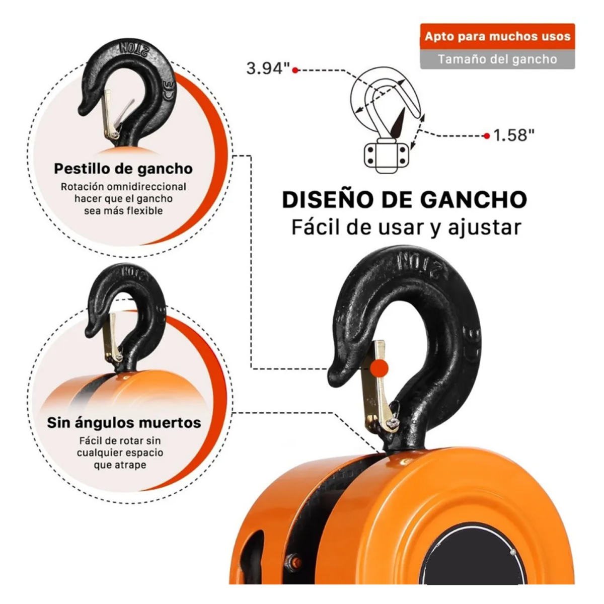 Polipasto Con Cadena De 3m, Capacidad De 2 Toneladas, Naranja