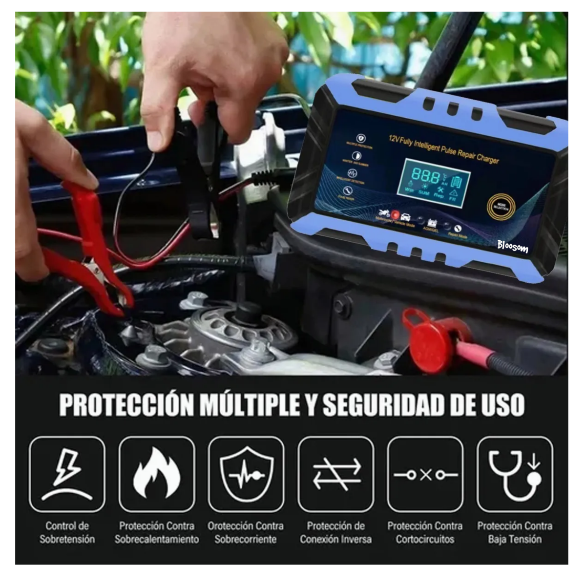 Cargador Inteligente De 12v 6a Para Batería De Auto Moto, Negro c/Azul