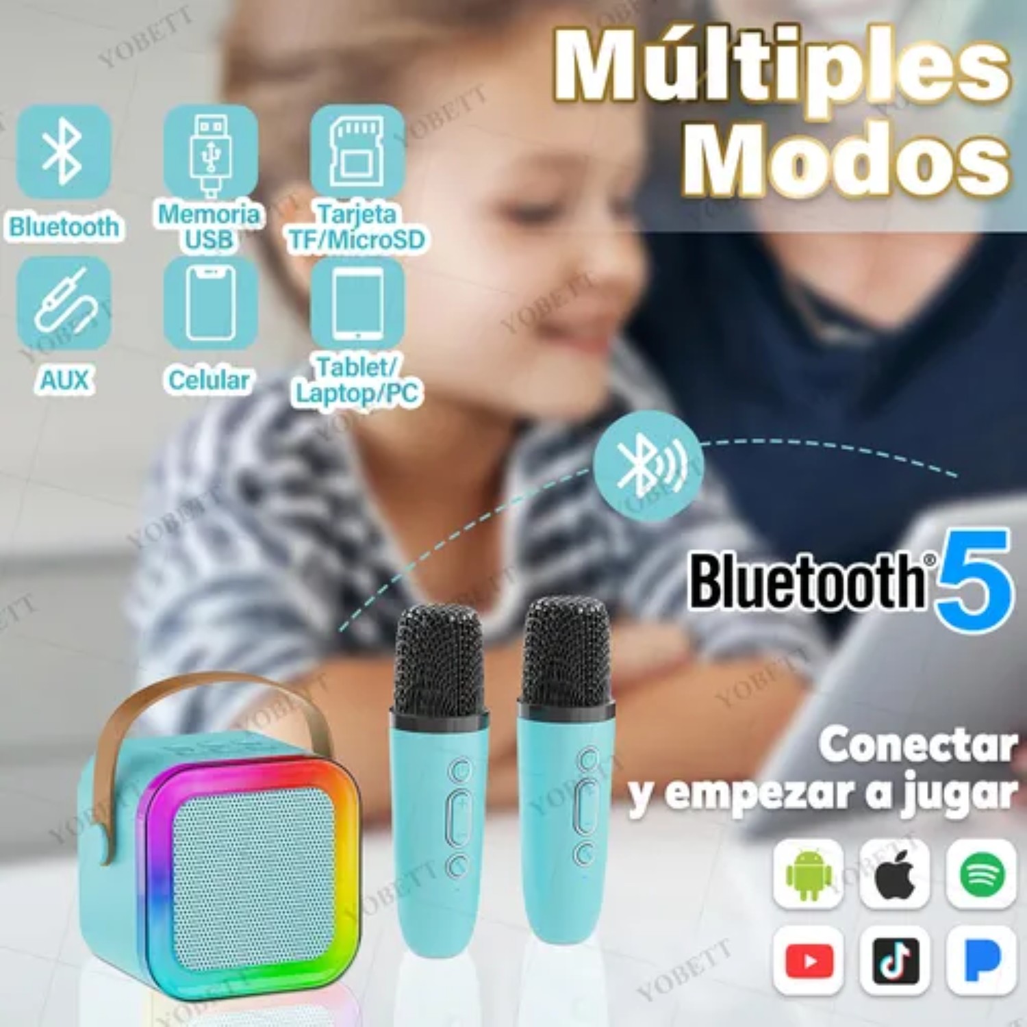 Karaoke Para Niños Con 2 Micrófonos Inalámbricos Con Bocina 3pz Azul