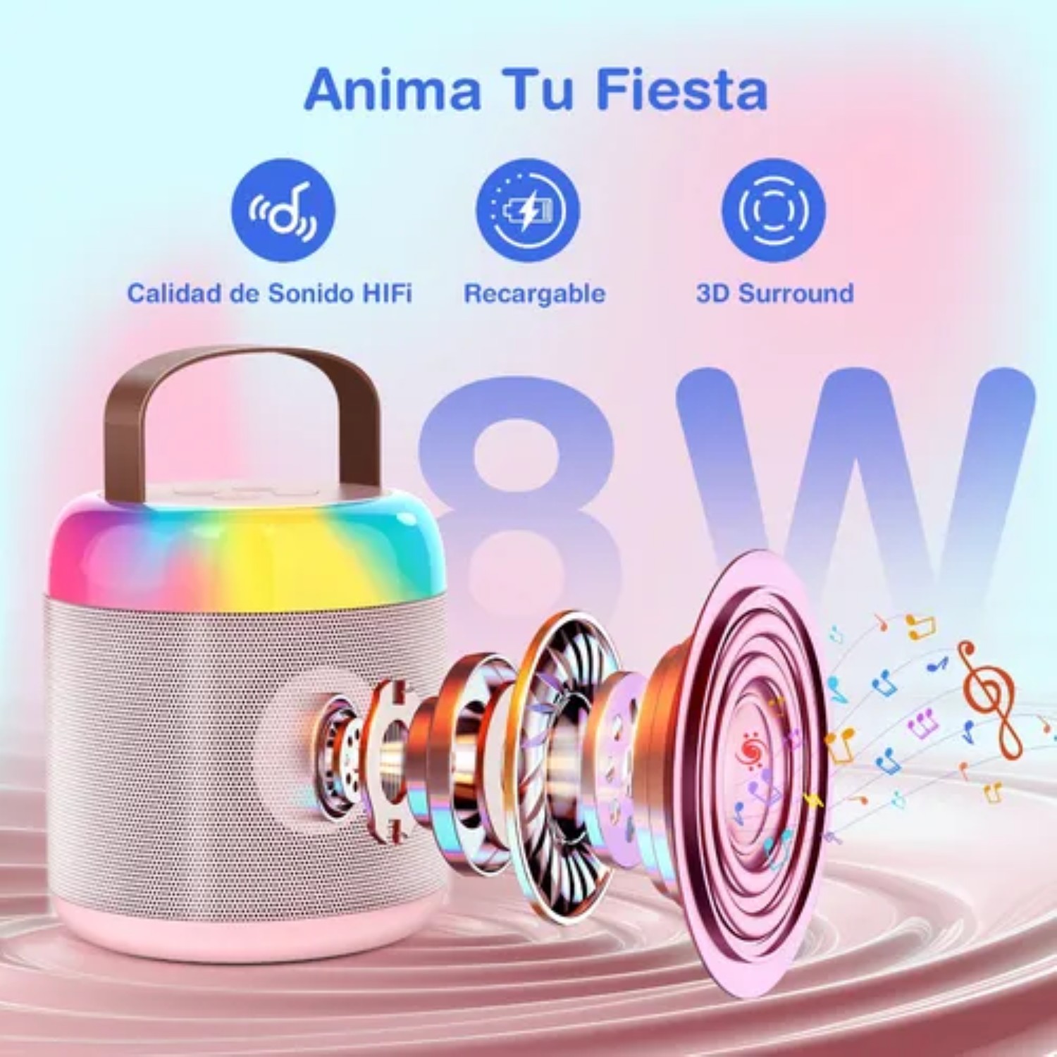 Mini Máquina De Karaoke Bluetooth 3pz Redondo Rosa
