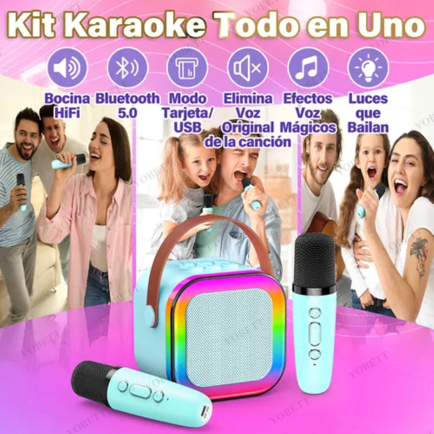 Karaoke Para Niños Con 2 Micrófonos Inalámbricos Con Bocina 3pz Azul