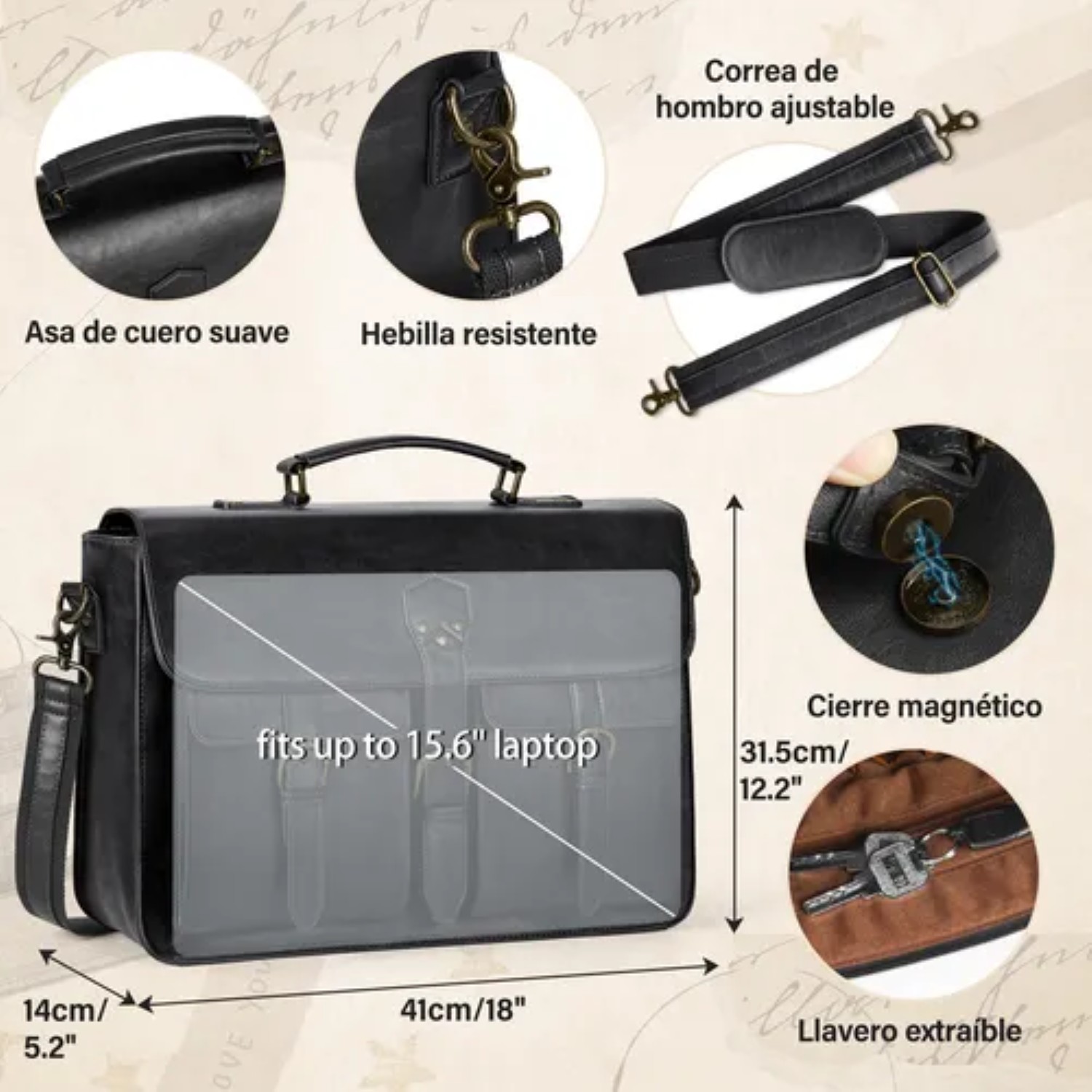 Portafolio Para Laptop 15,6 Pulgada Maletin Hombre De Cuero Negro