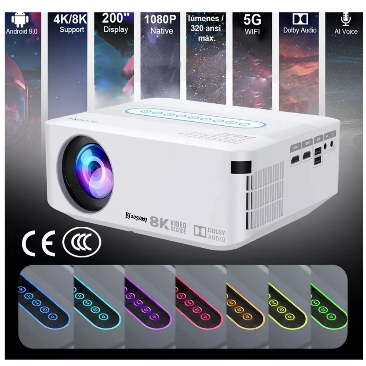 Proyector Led Android Wifi 8k Full Hd 1080p 8000lumens Blanco