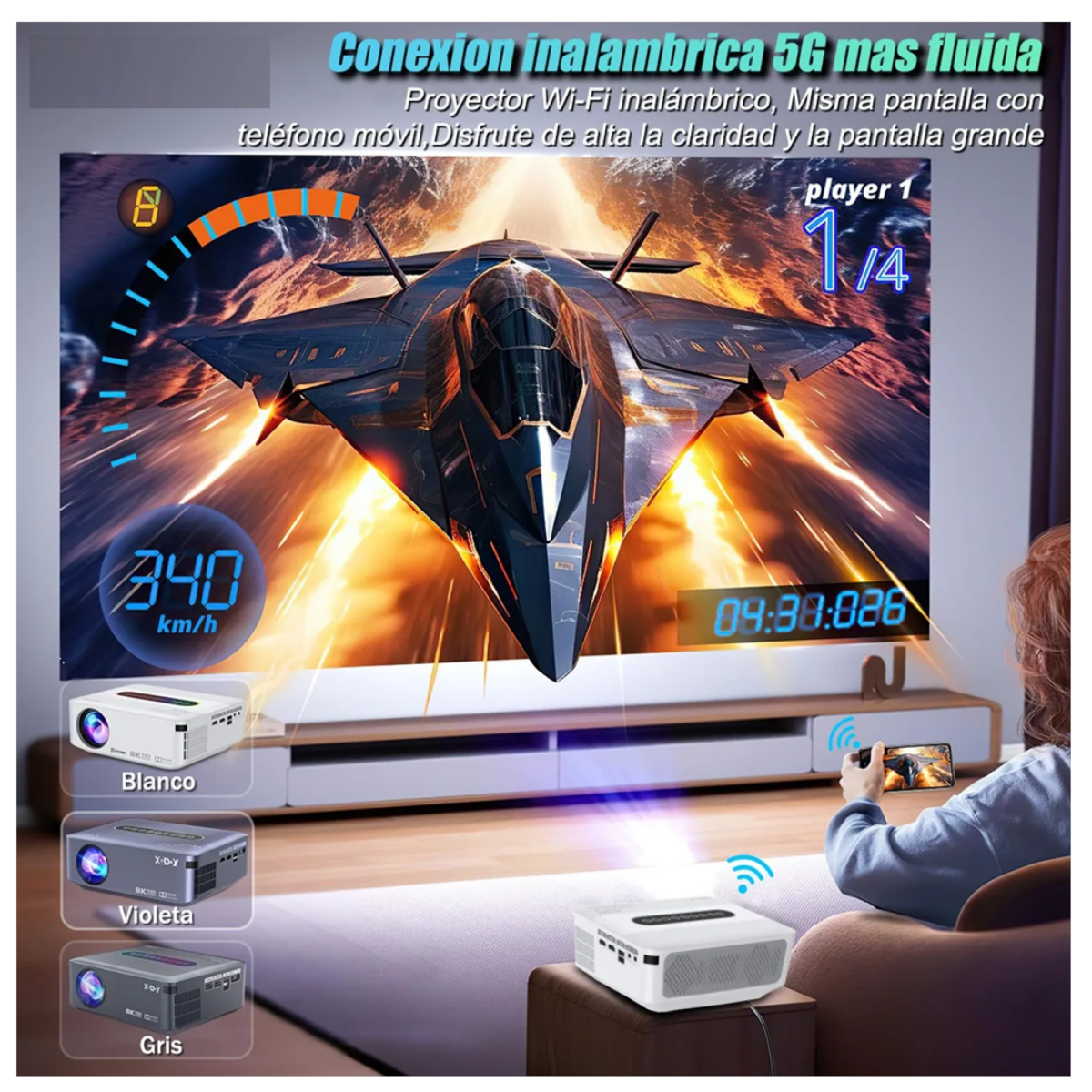 Proyector Led Android Wifi 8k Full Hd 1080p 8000lumens Blanco