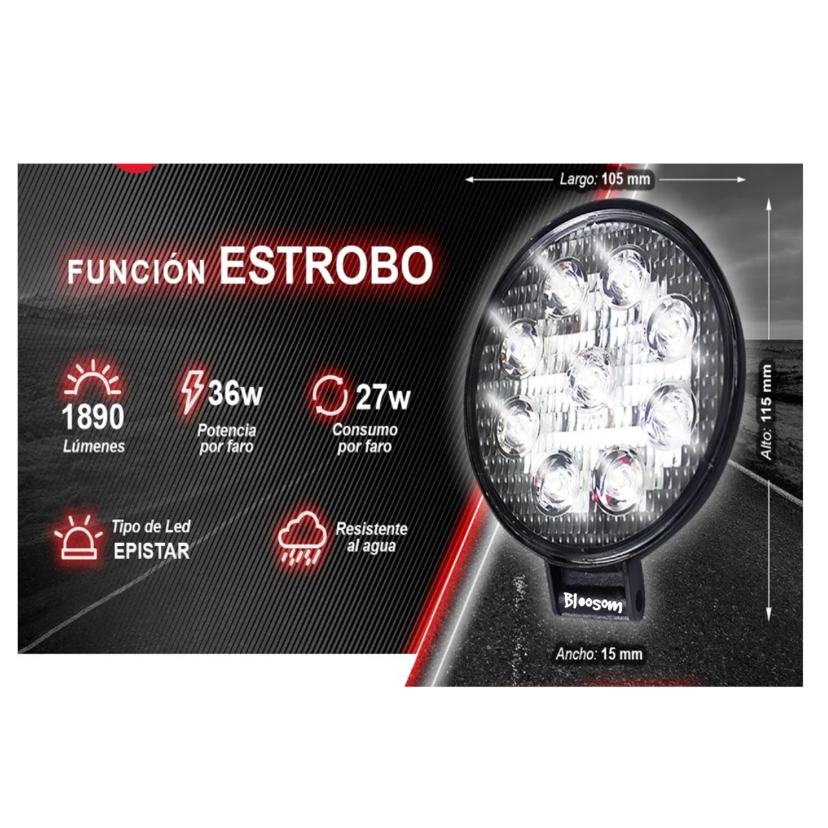 Par De Faros Redondos 9 Leds 36w Autos/motos/botes, Negro