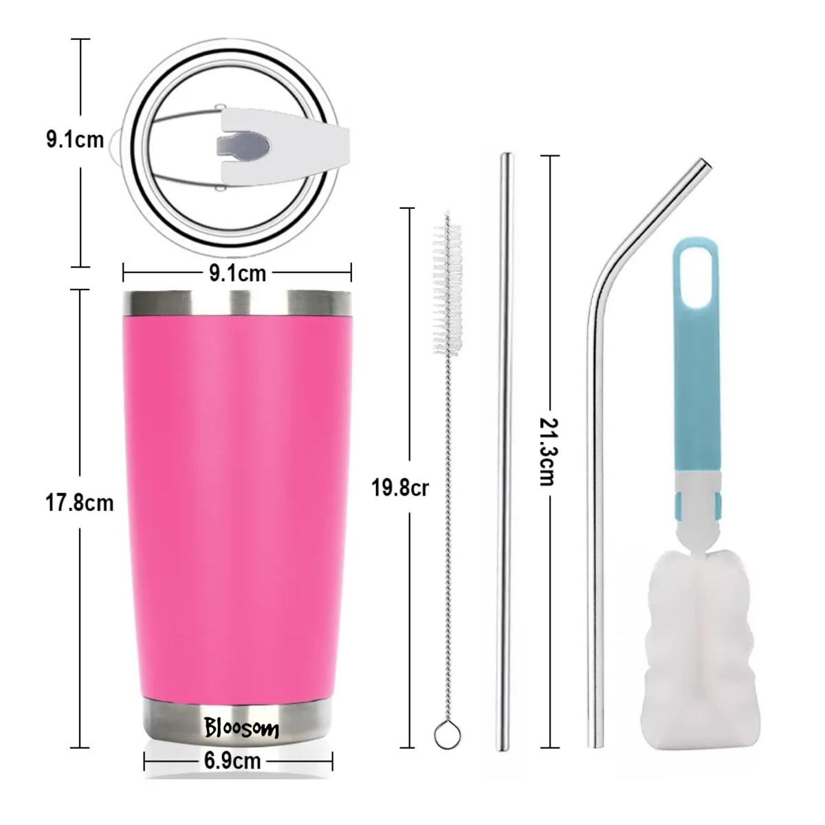 Vaso Térmico De 20oz Acero Inoxidable Con Popote Y Cepillo Rosa
