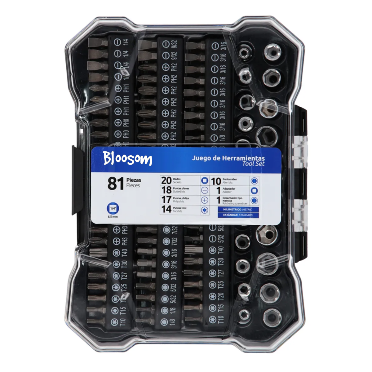 Juego De Dados Y Puntas Con Desarmador 81 Piezas, Negro con plateado