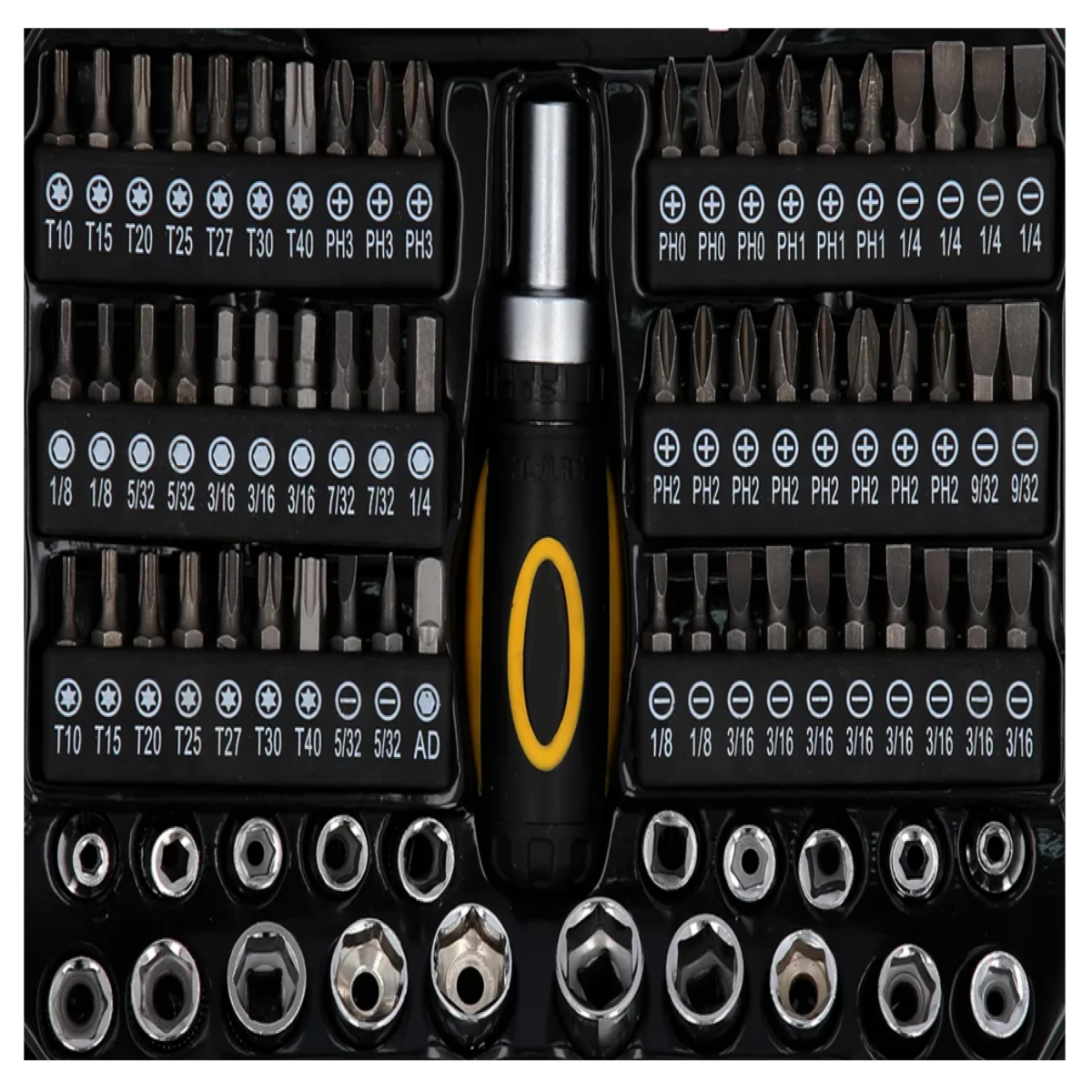 Juego De Dados Y Puntas Con Desarmador 81 Piezas, Negro con plateado