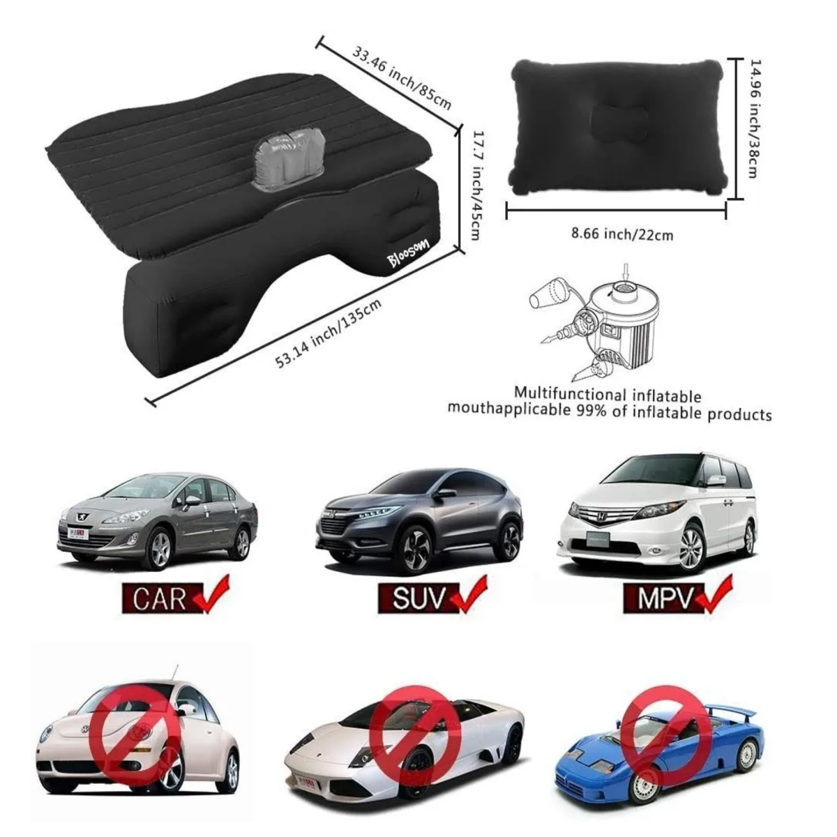 Cama Inflable Colchón De Auto Asiento Trasero + Bomba De Aire, Gris