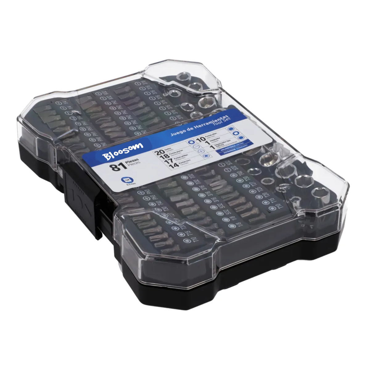Juego De Dados Y Puntas Con Desarmador 81 Piezas, Negro con plateado