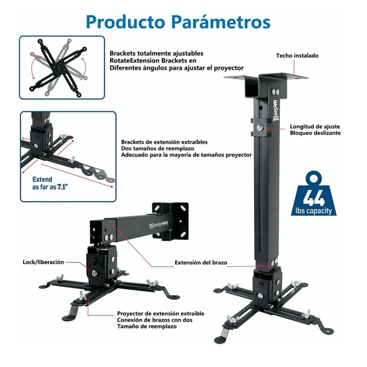 Soporte Proyector Universal Cañón Ajustable 15kg Techo Pared Negro