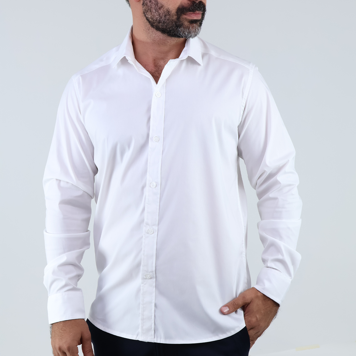 Camisa de Vestir Manga Larga Blanco Slim Fit Cuello Italiano Para Hombre