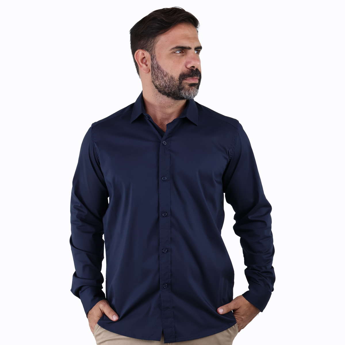 Camisa de Vestir Moda Manga Larga Slim Fit Azul Marino  Para Hombre