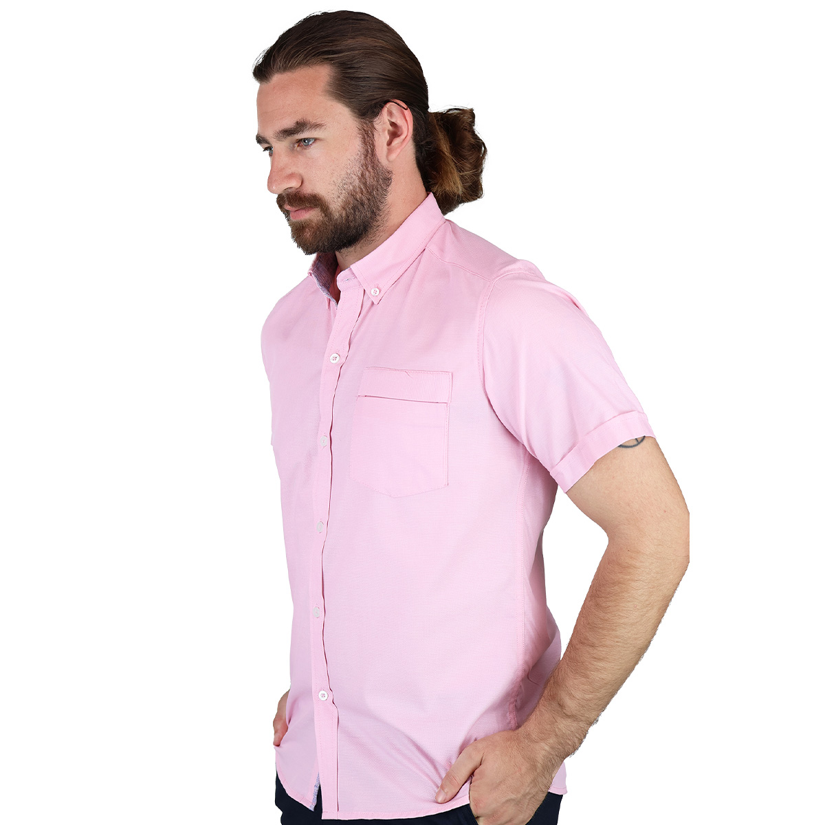 Camisa Slim Fit Manga Corta Color Rosado Bolsa Semi Oculta Para Hombre