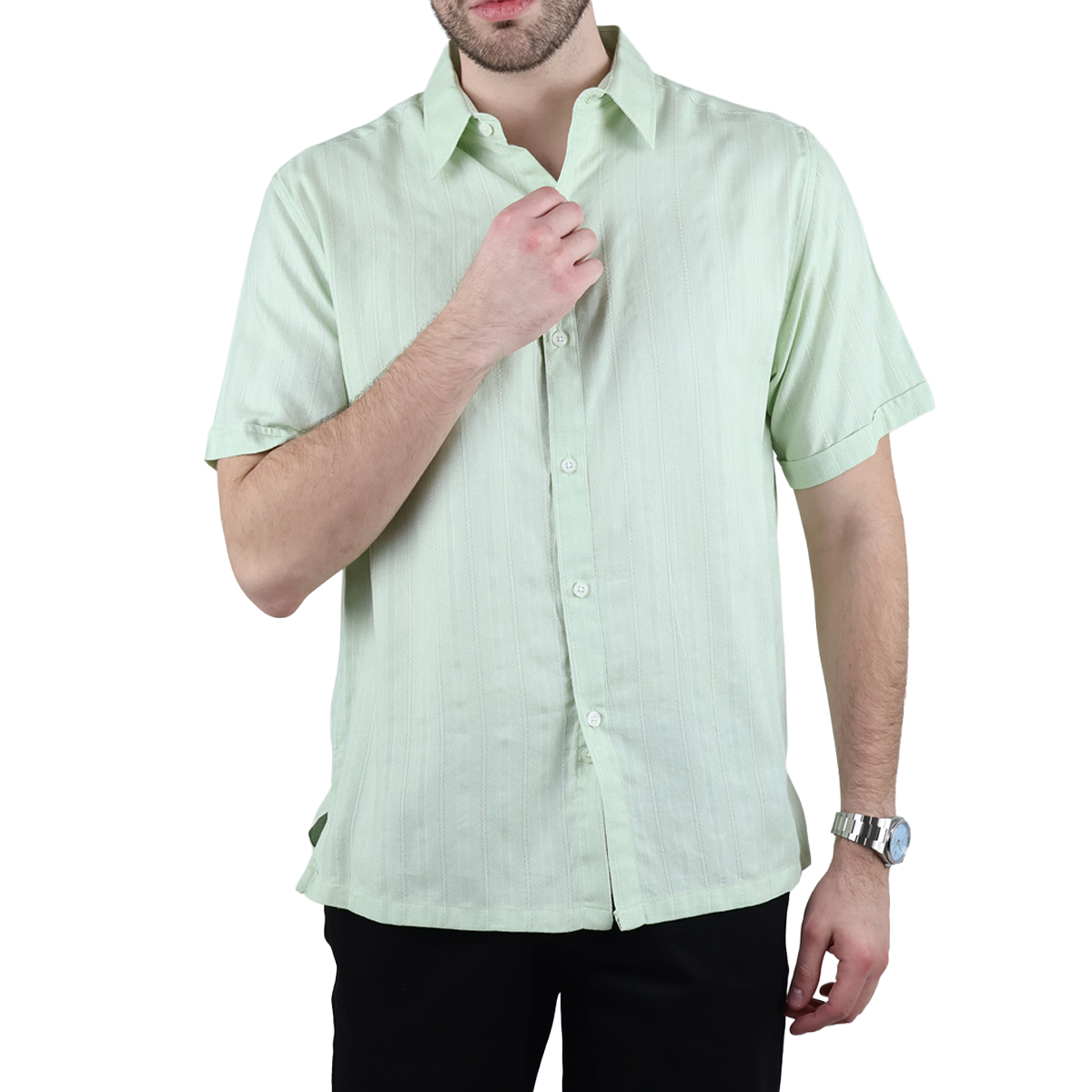 Camisa Verde Manzana Manga Corta Con Textura Ligera Para Hombre