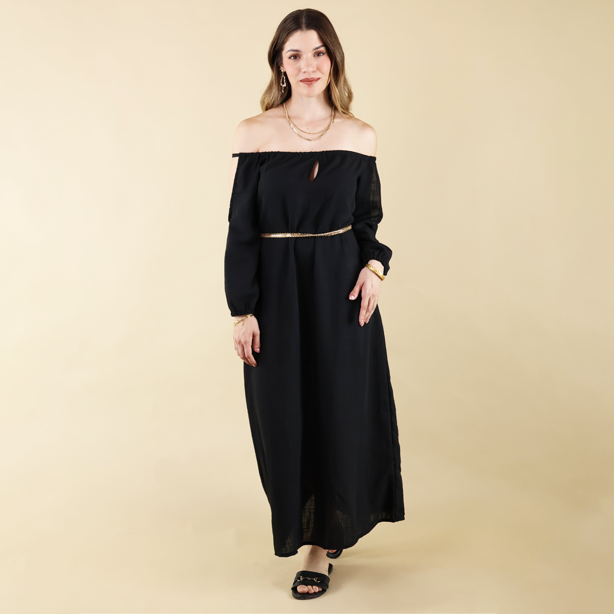 Vestido Negro Largo De Mujer Manga Larga Ajustable En Hombros Elegante