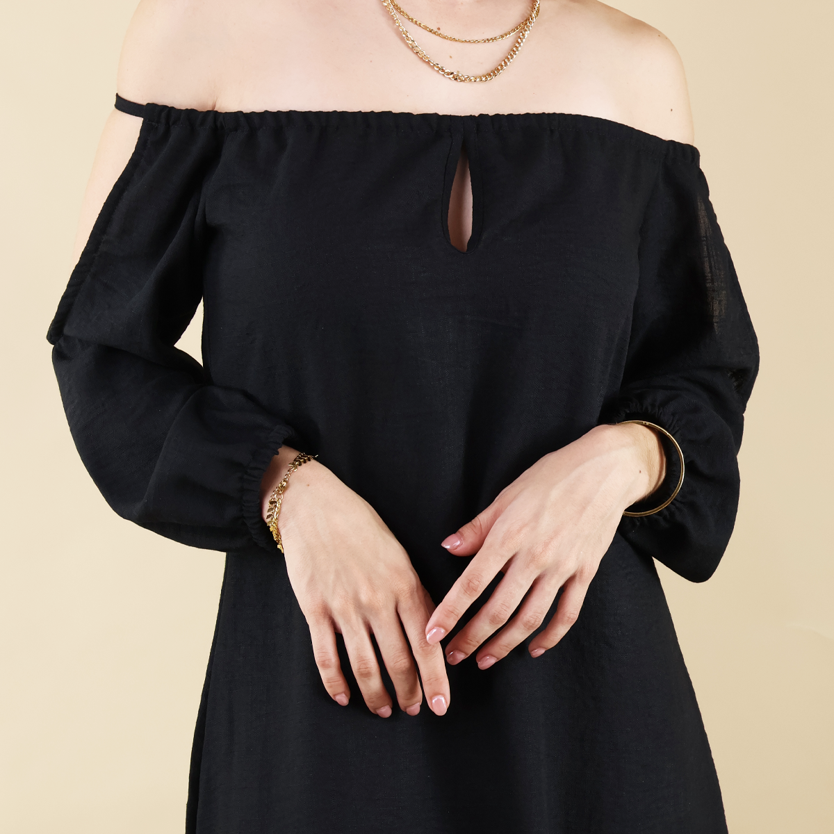 Vestido Negro Largo De Mujer Manga Larga Ajustable En Hombros Elegante