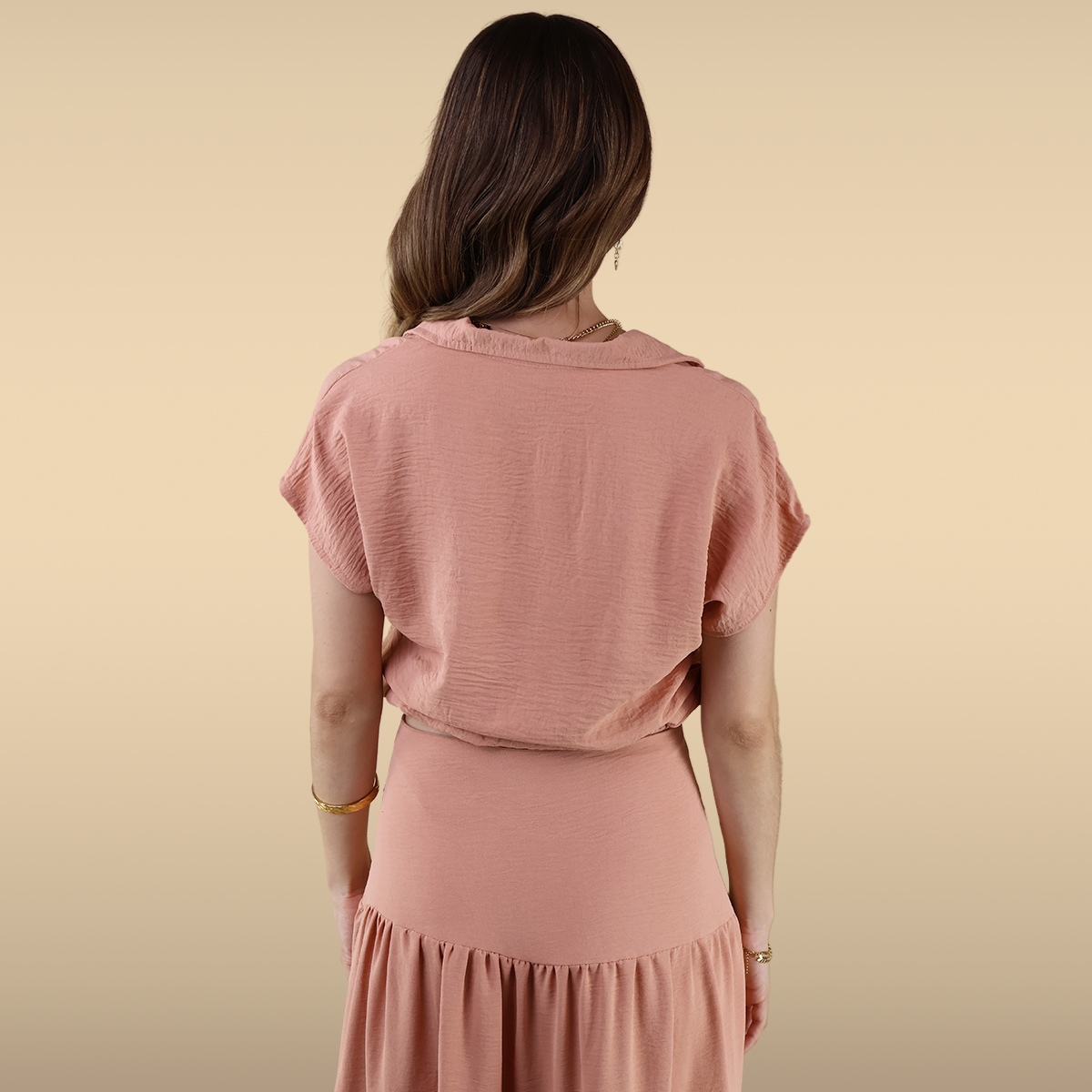 Blusa De Mujer Cuello En V Con Elástico En La Cintura Casual Moda Color Melón