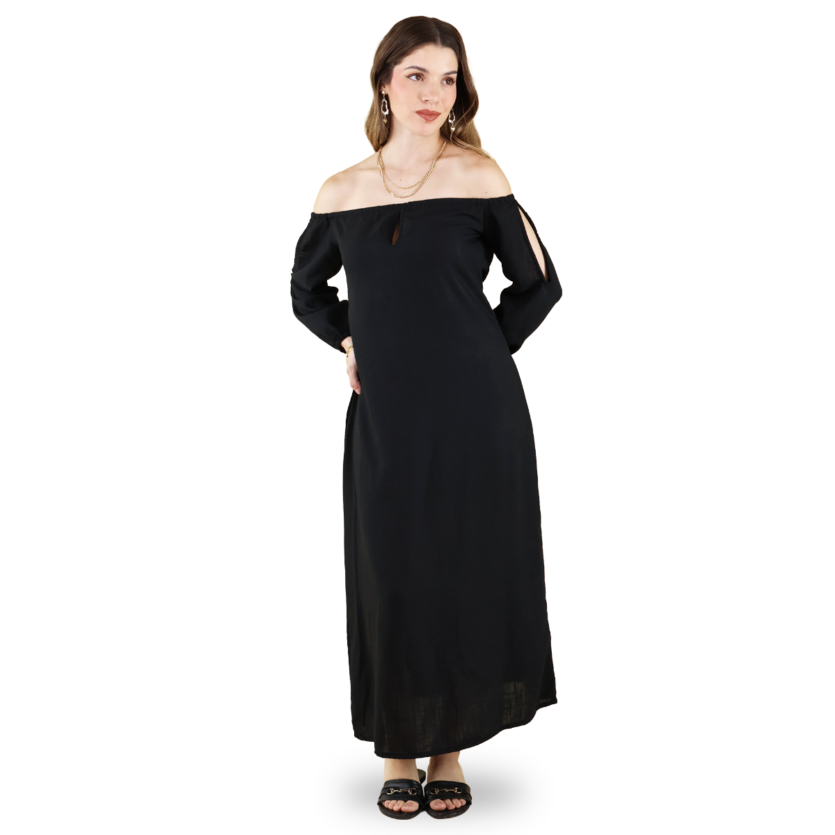 Vestido Negro Largo De Mujer Manga Larga Ajustable En Hombros Elegante