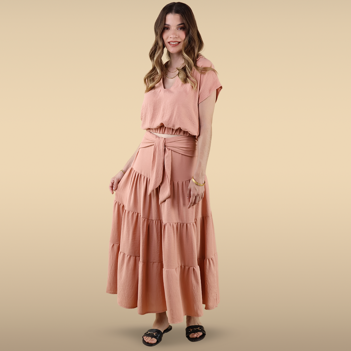 Blusa De Mujer Cuello En V Con Elástico En La Cintura Casual Moda Color Melón