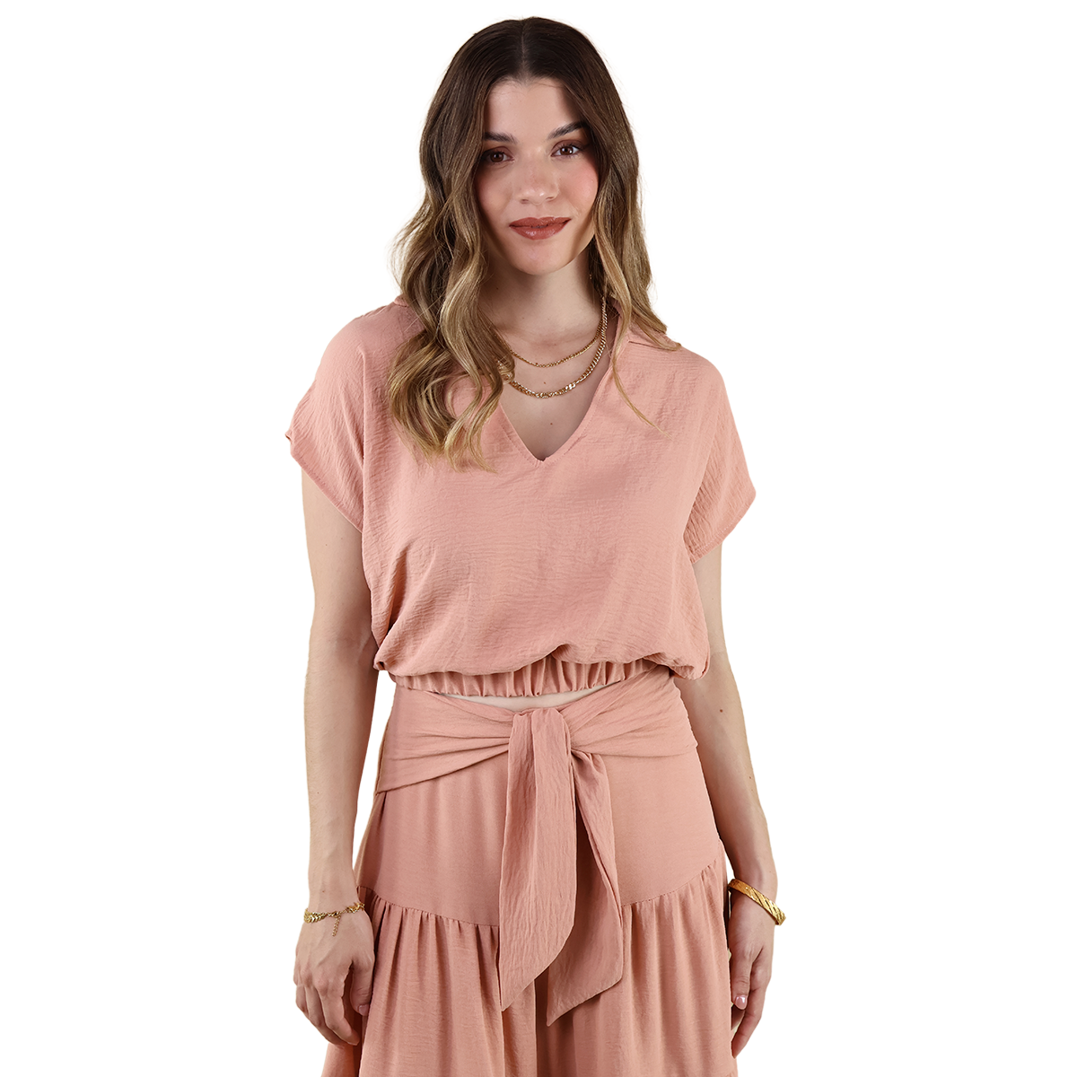 Blusa De Mujer Cuello En V Con Elástico En La Cintura Casual Moda Color Melón