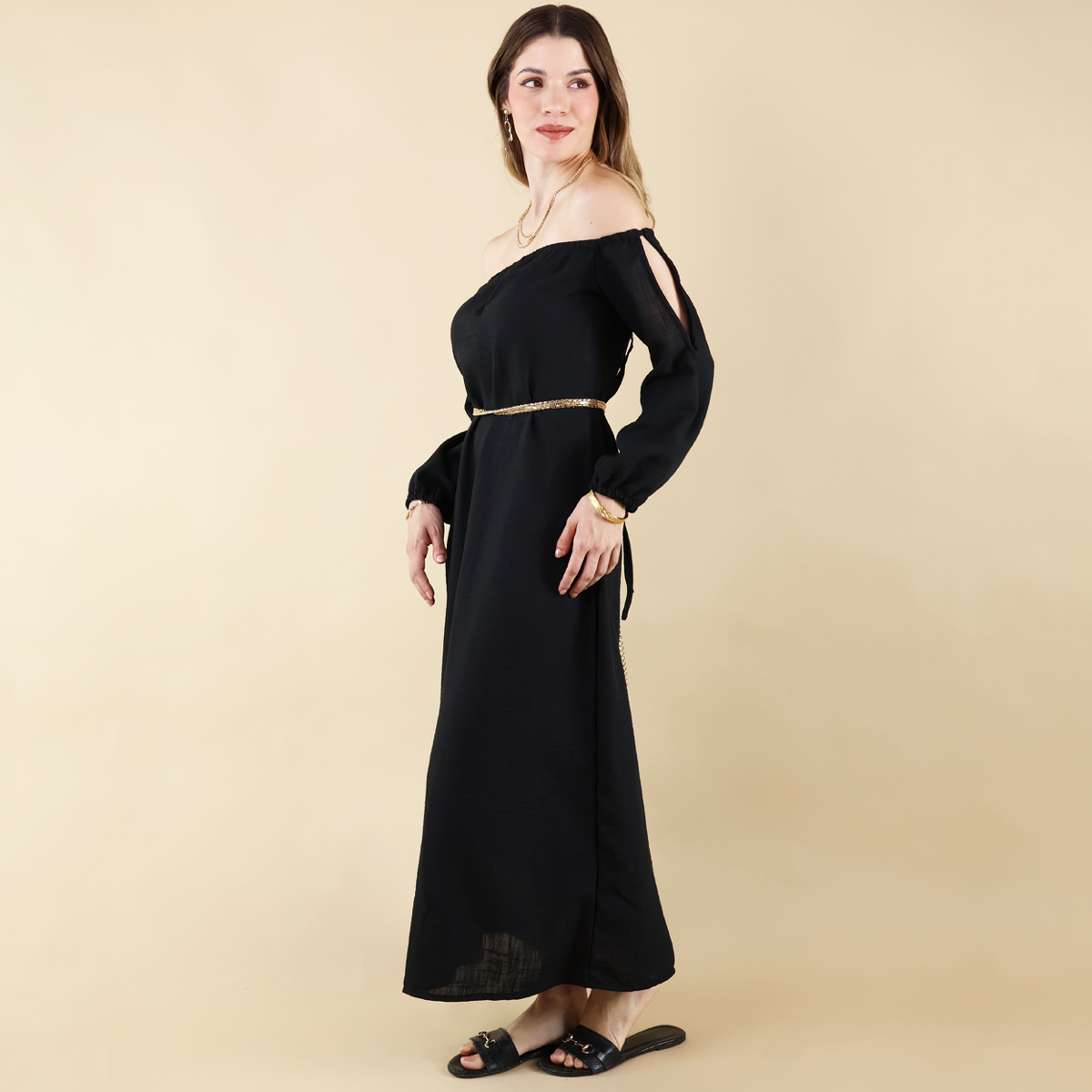 Vestido Negro Largo De Mujer Manga Larga Ajustable En Hombros Elegante