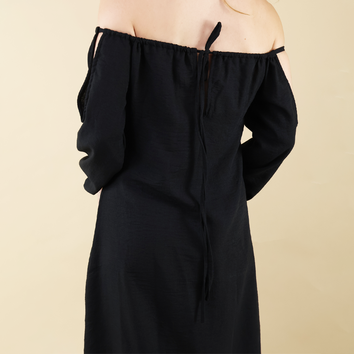 Vestido Negro Largo De Mujer Manga Larga Ajustable En Hombros Elegante