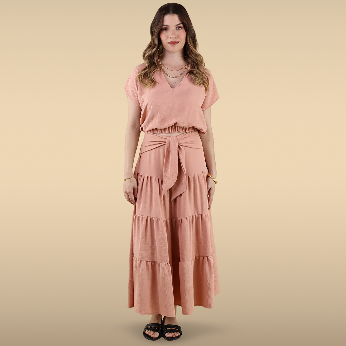Blusa De Mujer Cuello En V Con Elástico En La Cintura Casual Moda Color Melón