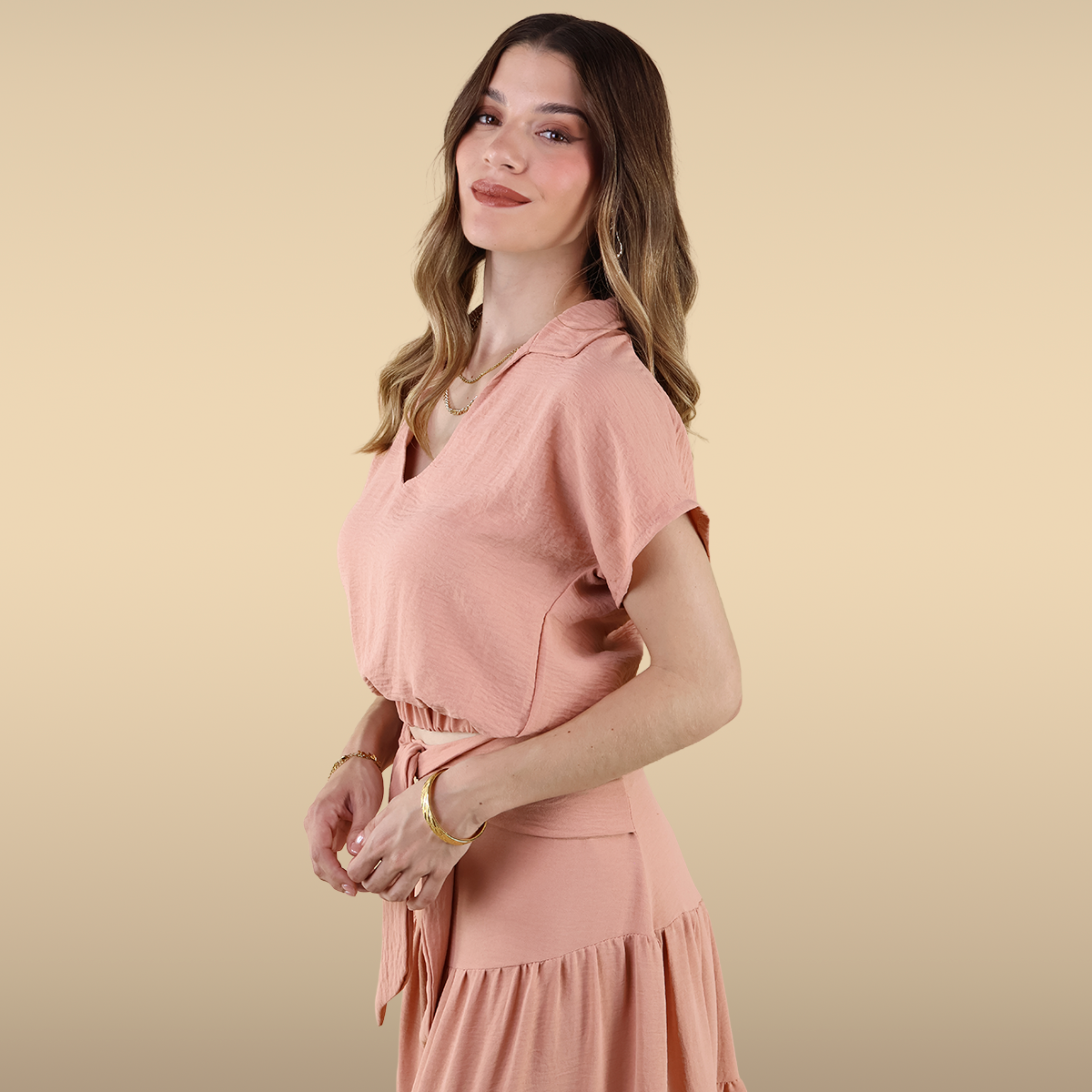 Blusa De Mujer Cuello En V Con Elástico En La Cintura Casual Moda Color Melón