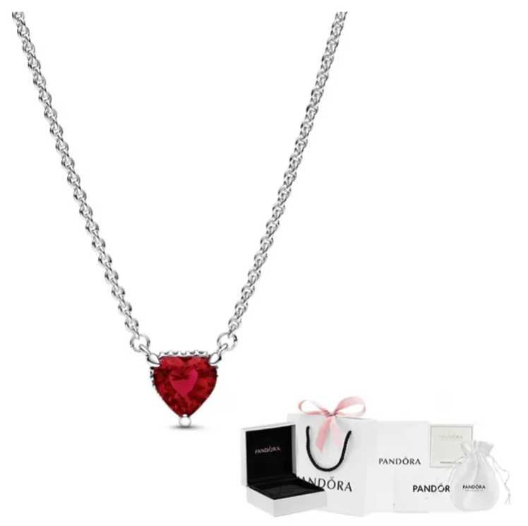 Pandora Collar Original Con Corazón De Plata Brillante Rojo 