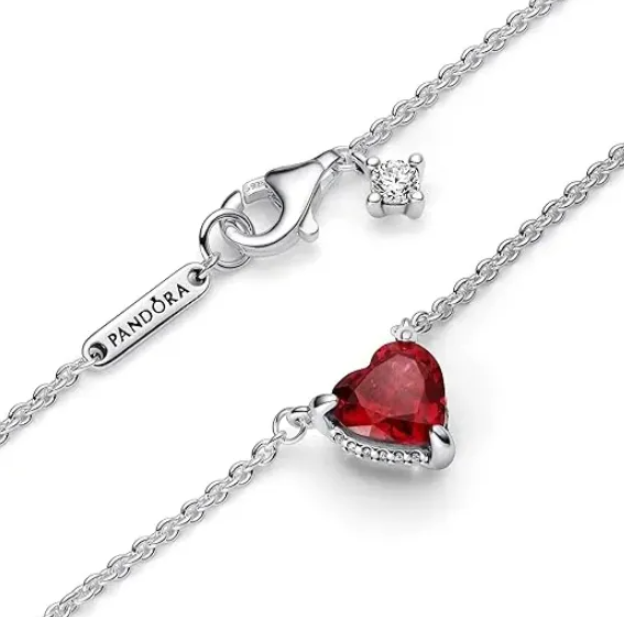 Pandora Collar Original Con Corazón De Plata Brillante Rojo 