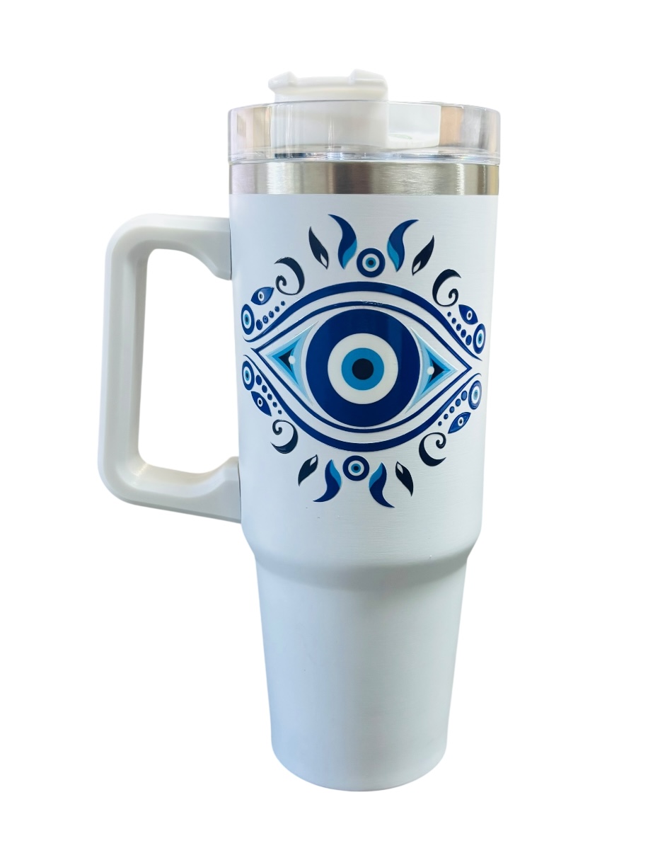 Termo de acero inoxidable color blanco, Ojo Turco, de 887 ML