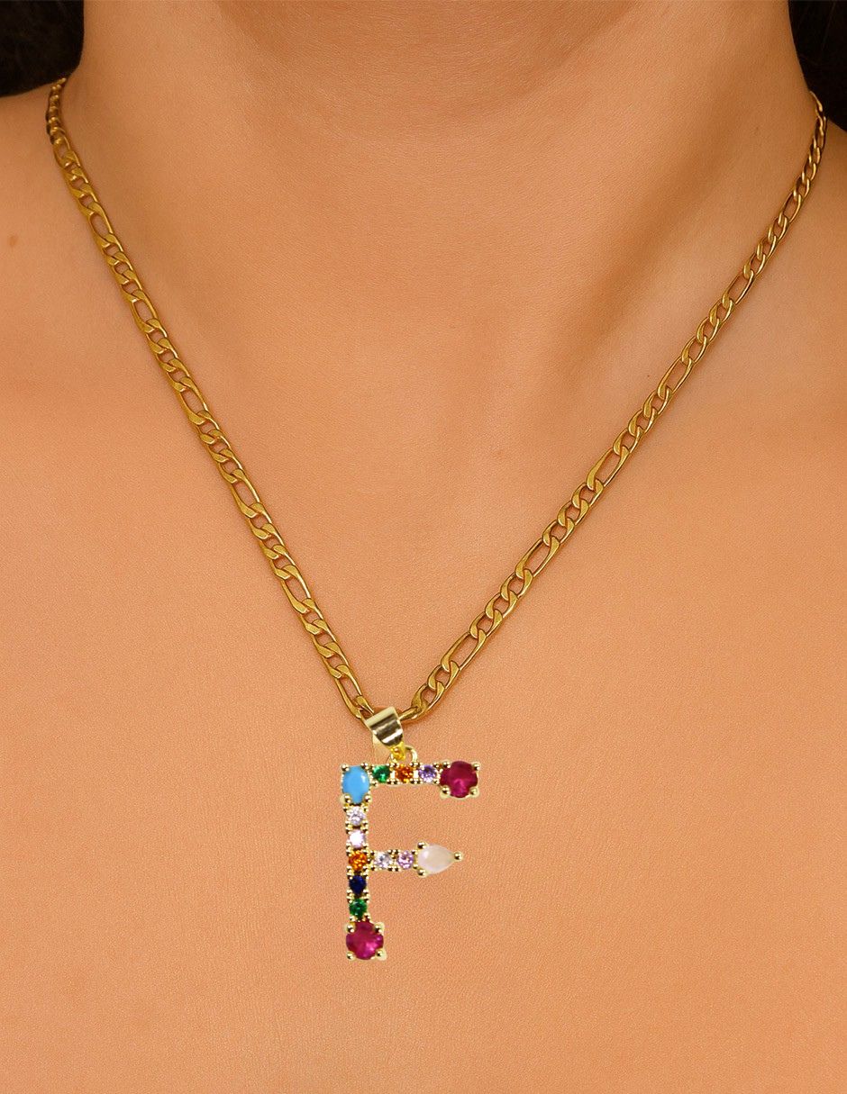 Collar con dije de oro laminado letra colores "F"