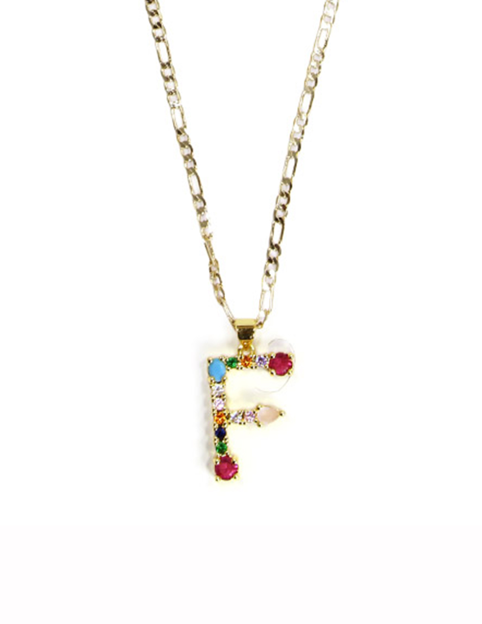 Collar con dije de oro laminado letra colores "F"