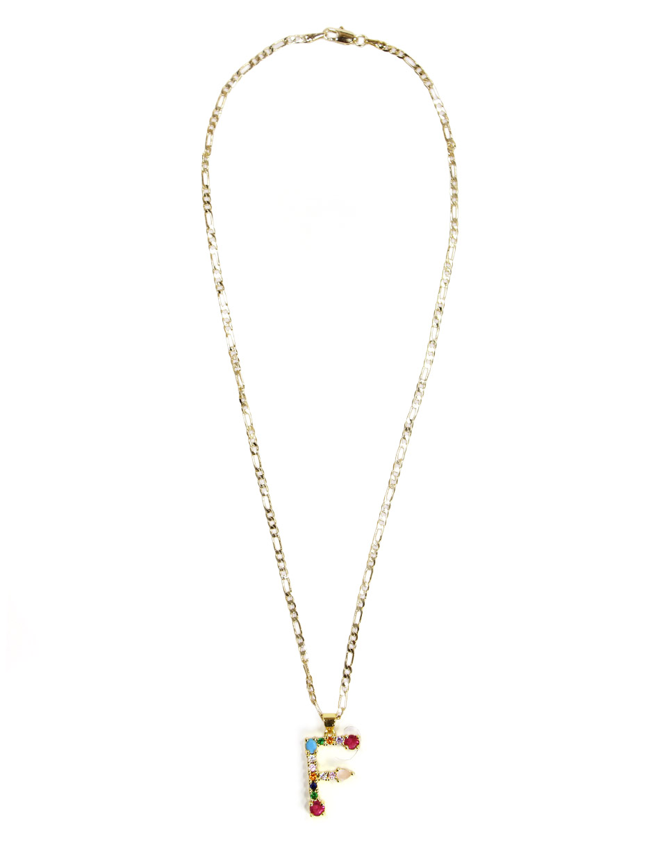Collar con dije de oro laminado letra colores "F"