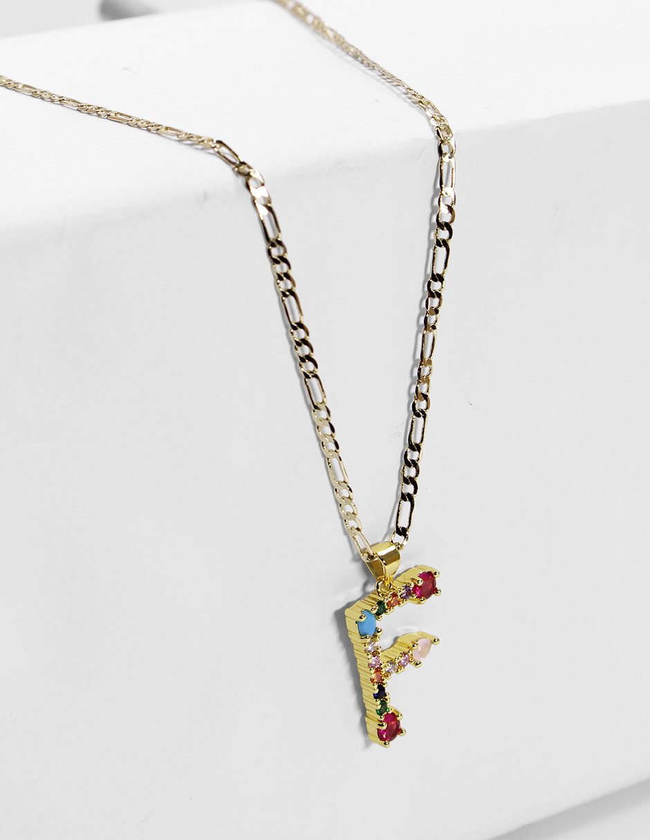 Collar con dije de oro laminado letra colores "F"