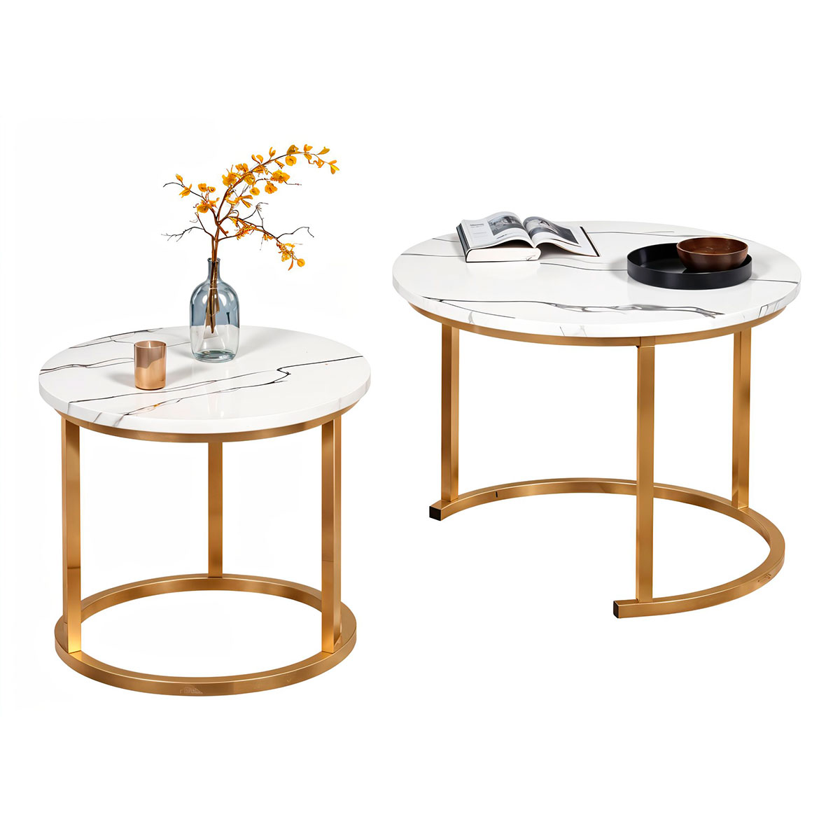 Set de 2 Mesas de Centro Circulares Diferentes Tamaños con Soportes de Acero, Bluelander 