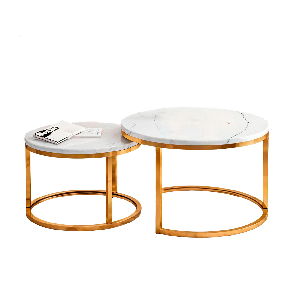 Set de 2 Mesas de Centro Circulares Diferentes Tamaños con Soportes de Acero, Bluelander 