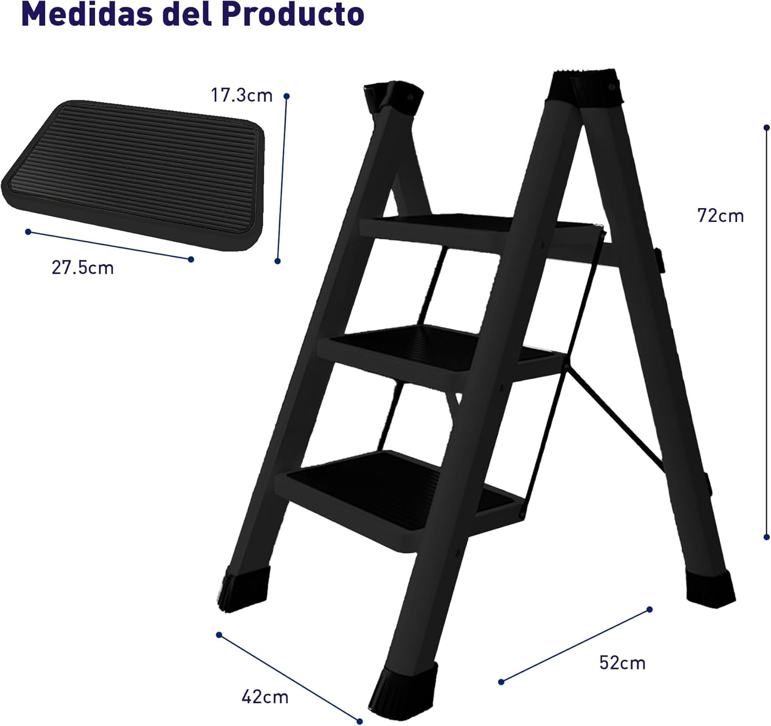 Escalera Plegable Multifuncional Tipo Tijera 3 Peldaños, Negro, Bluelander 