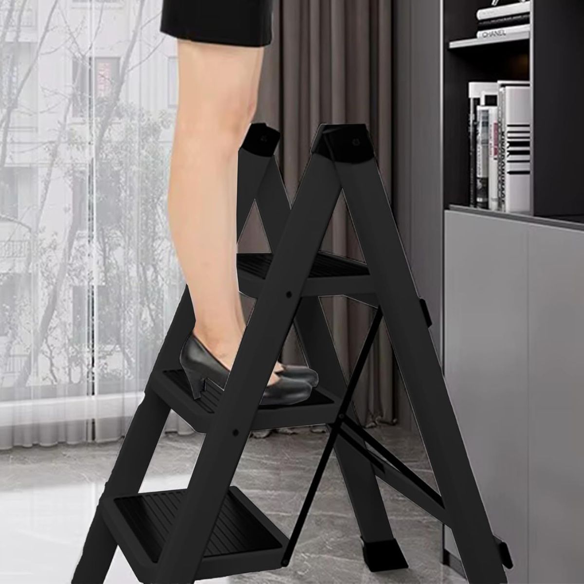 Escalera Plegable Multifuncional Tipo Tijera 3 Peldaños, Negro, Bluelander 