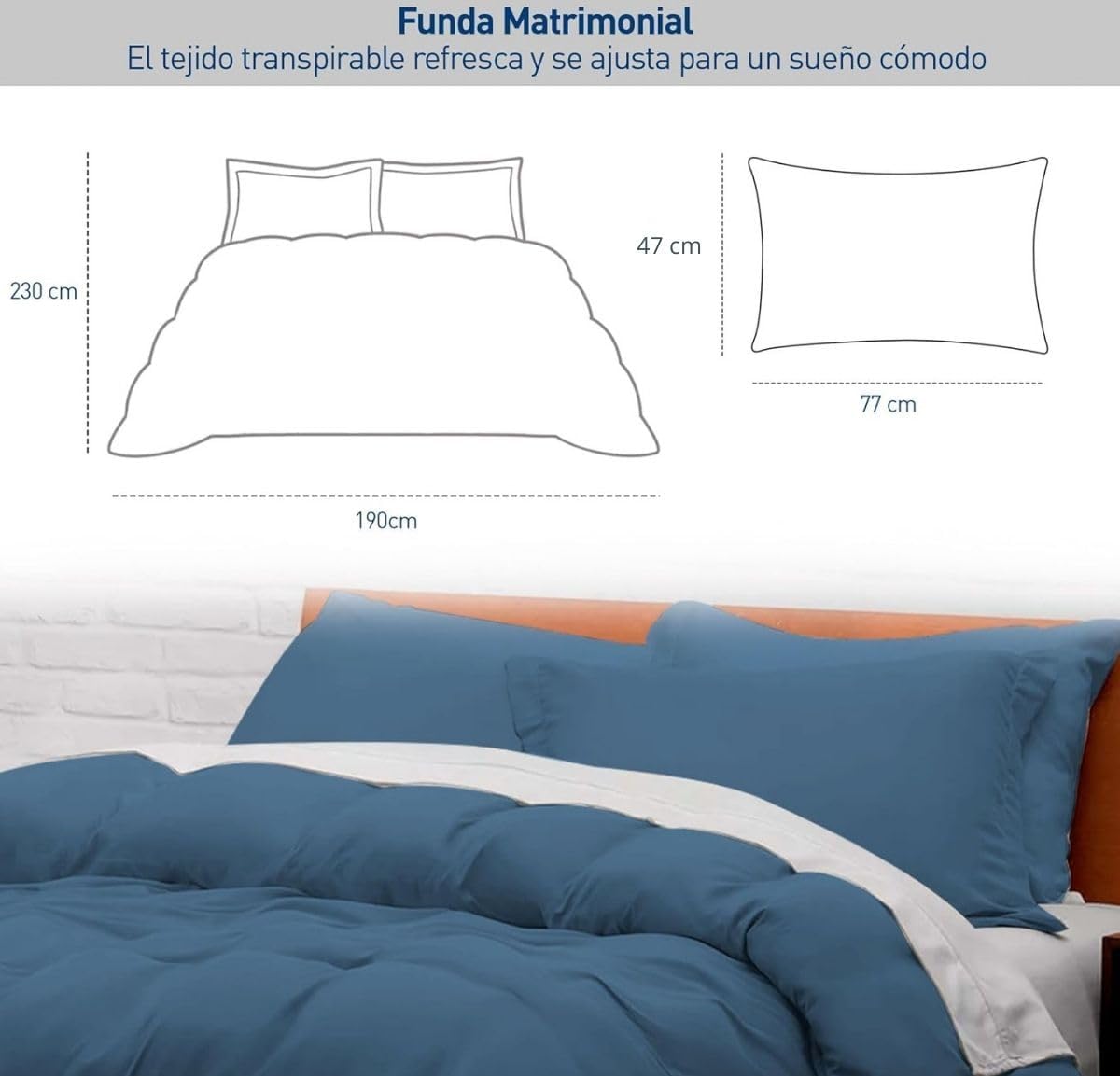 Juego de Funda Duvet para Edredon Matrimonial con Cierre de Botones y 2 Fundas de Almohada, Azul, Bluelander